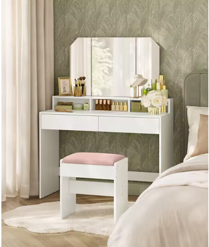 Kaptafel met Klapspiegel – Make-up Tafel met 2 Lades en Opbergvakken