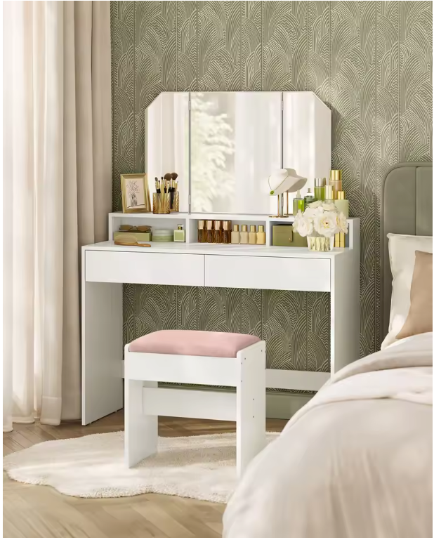 Kaptafel met Klapspiegel – Make-up Tafel met 2 Lades en Opbergvakken