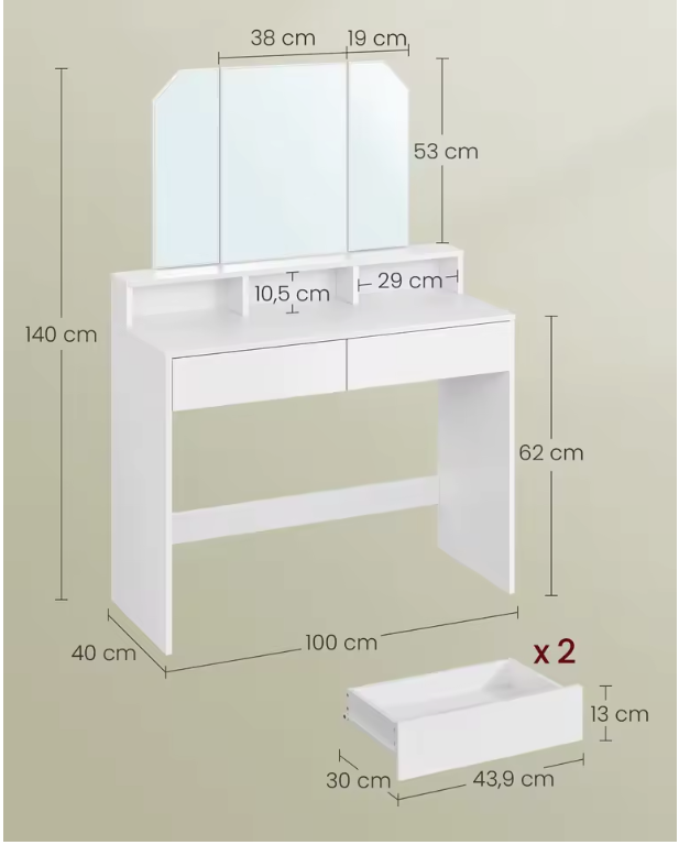 Kaptafel met Klapspiegel – Make-up Tafel met 2 Lades en Opbergvakken