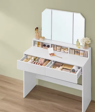 Kaptafel met Klapspiegel – Make-up Tafel met 2 Lades en Opbergvakken