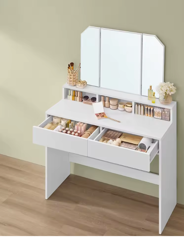 Kaptafel met Klapspiegel – Make-up Tafel met 2 Lades en Opbergvakken