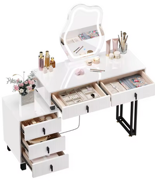 Kaptafel met LED Spiegel – Make-up Tafel met 5 Lades en Opbergkast