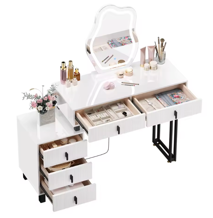 Kaptafel met LED Spiegel – Make-up Tafel met 5 Lades en Opbergkast