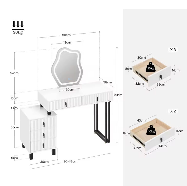 Kaptafel met LED Spiegel – Make-up Tafel met 5 Lades en Opbergkast