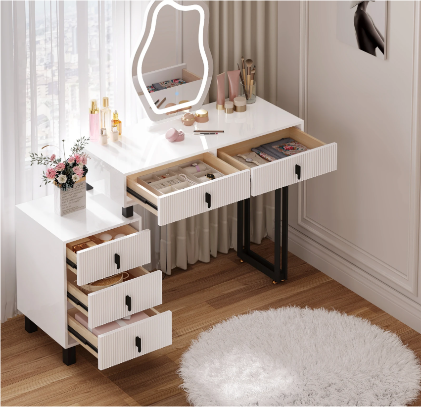Kaptafel met LED Spiegel – Make-up Tafel met 5 Lades en Opbergkast