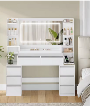 Kaptafel met Grote Spiegel – Make-up Tafel met 8 Lades en Opbergrekken