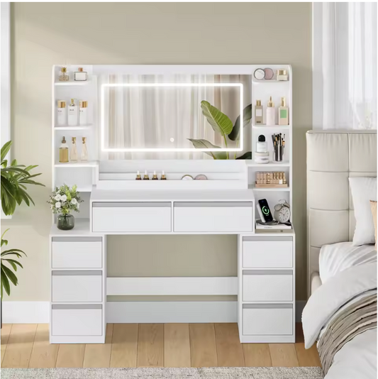 Kaptafel met Grote Spiegel – Make-up Tafel met 8 Lades en Opbergrekken