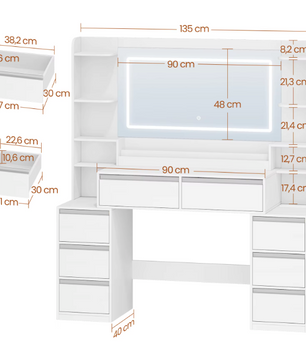 Kaptafel met Grote Spiegel – Make-up Tafel met 8 Lades en Opbergrekken