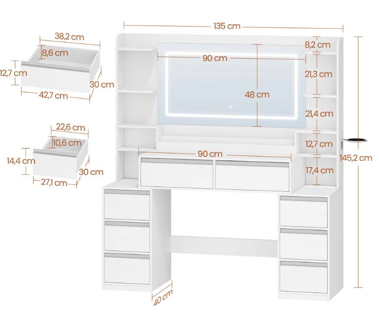 Kaptafel met Grote Spiegel – Make-up Tafel met 8 Lades en Opbergrekken
