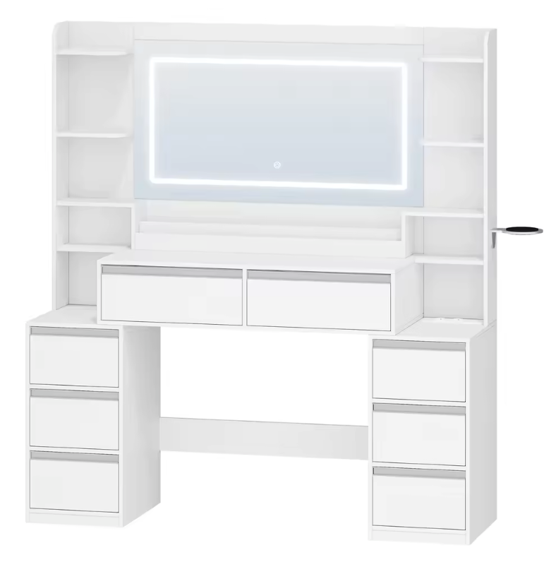 Kaptafel met Grote Spiegel – Make-up Tafel met 8 Lades en Opbergrekken