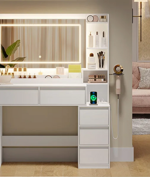 Kaptafel met Grote Spiegel – Make-up Tafel met 8 Lades en Opbergrekken