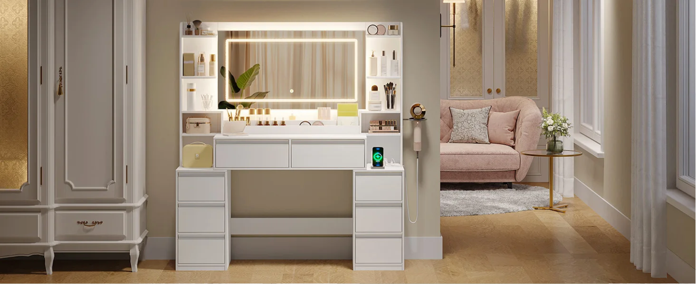 Kaptafel met Grote Spiegel – Make-up Tafel met 8 Lades en Opbergrekken