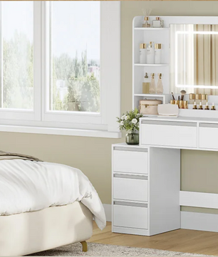 Kaptafel met Grote Spiegel – Make-up Tafel met 8 Lades en Opbergrekken