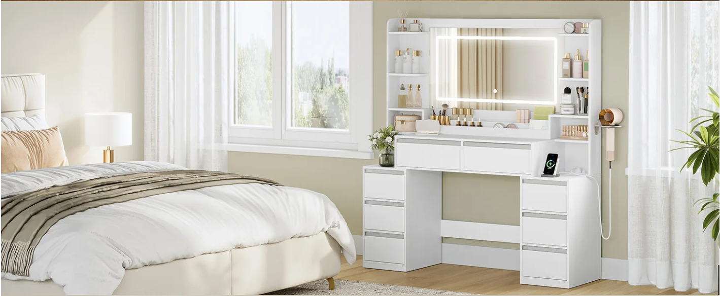 Kaptafel met Grote Spiegel – Make-up Tafel met 8 Lades en Opbergrekken