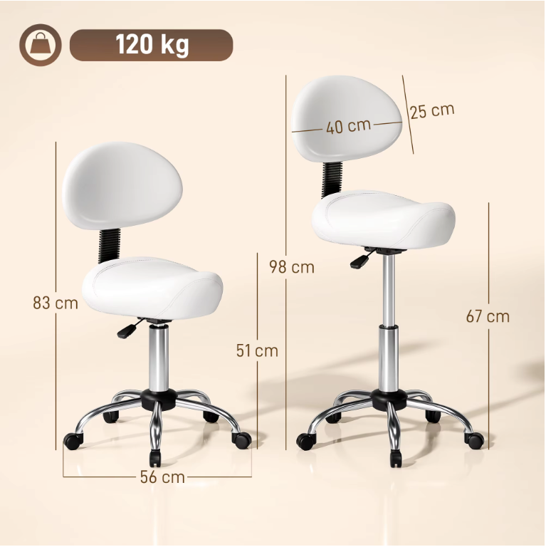 Verstelbare Werkkruk met Rugleuning en Wielen – Draaistoel voor Salon en Make-up