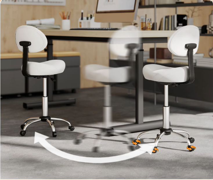 Verstelbare Werkkruk met Rugleuning en Wielen – Draaistoel voor Salon en Make-up