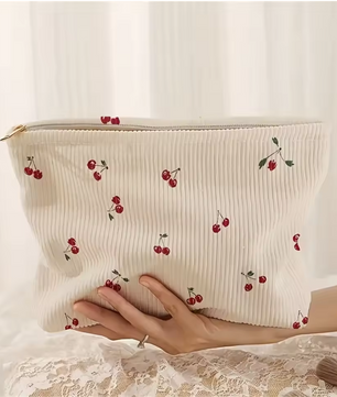 Make-up Tas met Kersenprint – Corduroy Toilettas met Rits