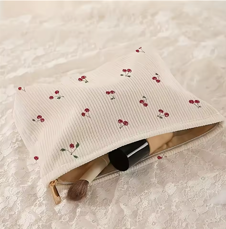 Make-up Tas met Kersenprint – Corduroy Toilettas met Rits