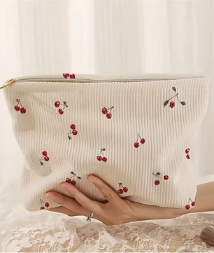 Make-up Tas met Kersenprint – Corduroy Toilettas met Rits