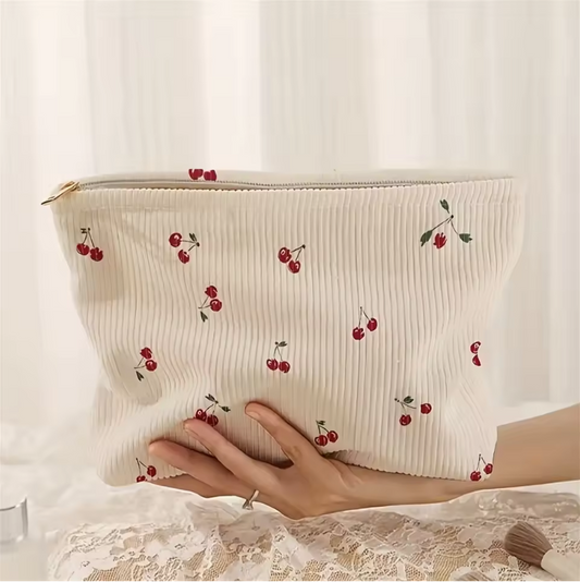 Make-up Tas met Kersenprint – Corduroy Toilettas met Rits
