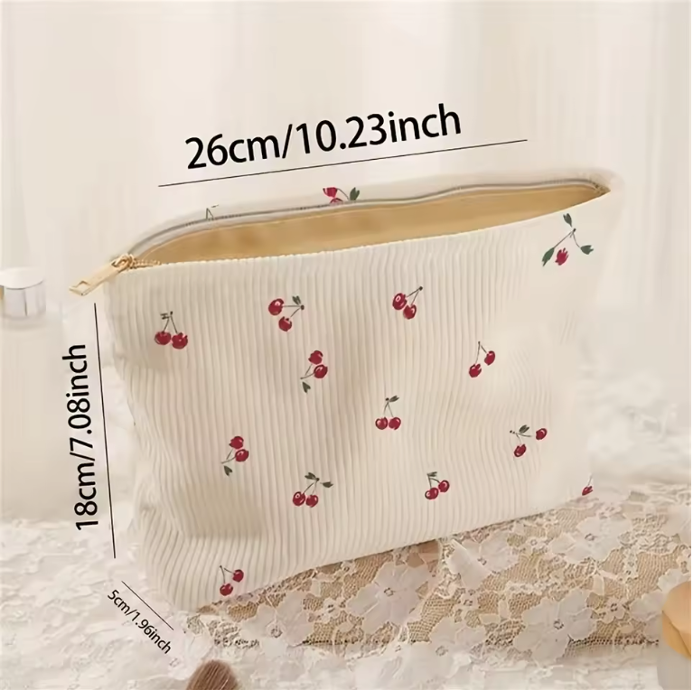 Make-up Tas met Kersenprint – Corduroy Toilettas met Rits