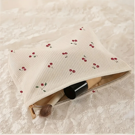 Make-up Tas met Kersenprint – Corduroy Toilettas met Rits