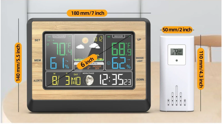 Draadloos Weerstation met Kleurenscherm – Binnen/Buiten Thermometer en Hygrometer