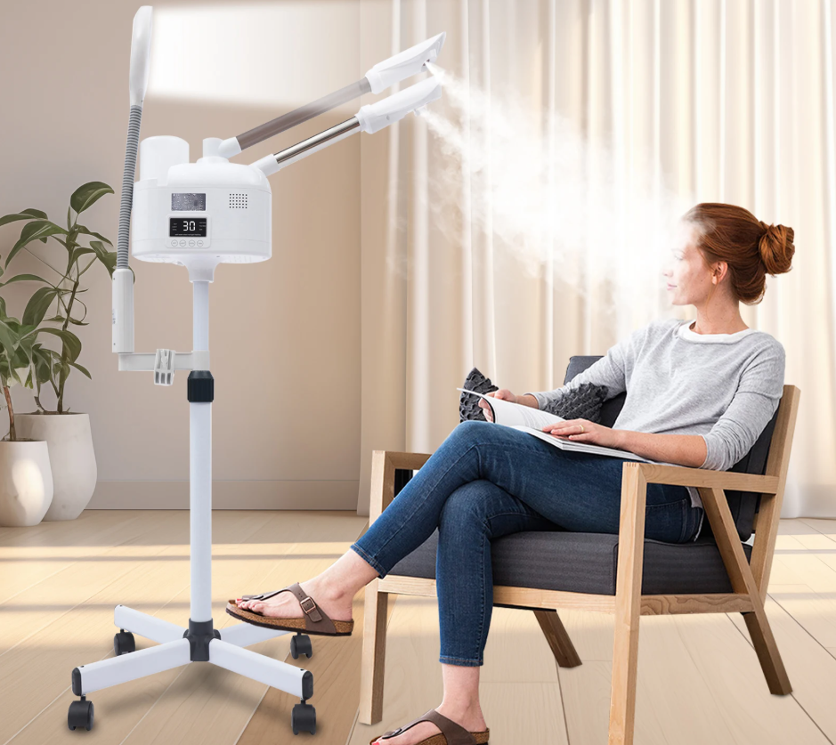 3-in-1 Gezichtsstomer met Warm en Koud Nano Mist – LED Licht, Vergrootglas en Verstelbaar Statief voor Diepe Reiniging