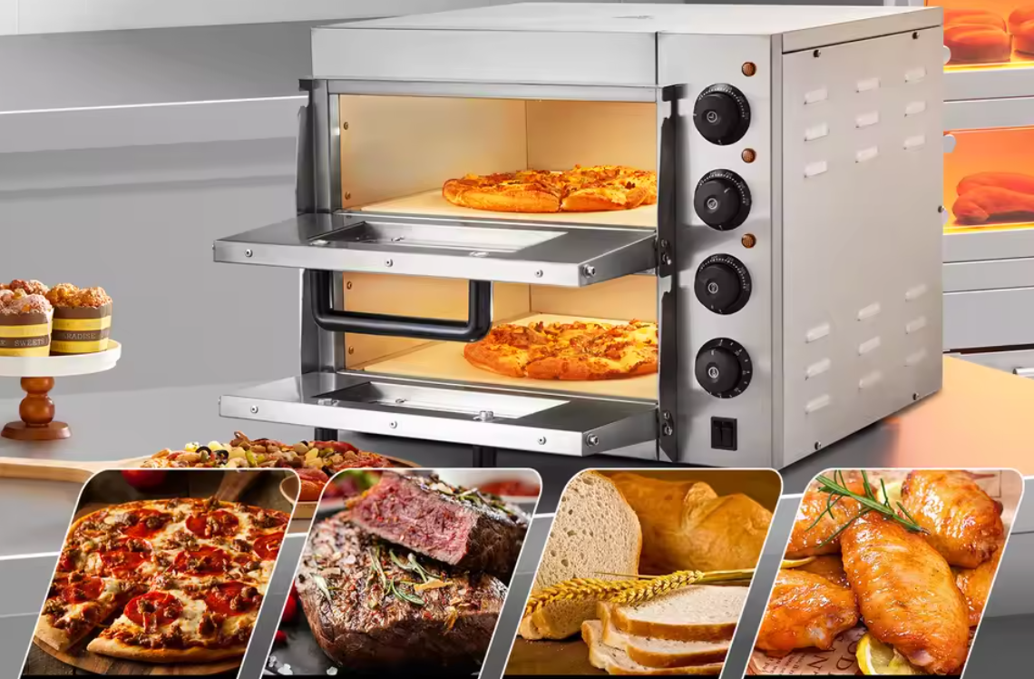 Dubbele Elektrische Pizza Oven 14 inch – RVS Tafelmodel met Pizzastenen, Timer en Instelbare Temperatuur