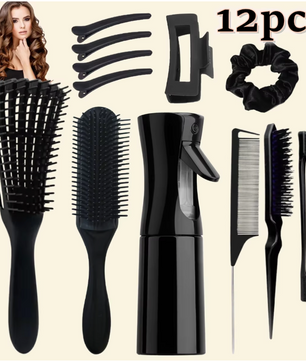 12-delige Haarverzorgingsset – Ontklitborstels, Sprayfles 200 ml, Kam en Hoofdhuid Massageborstel