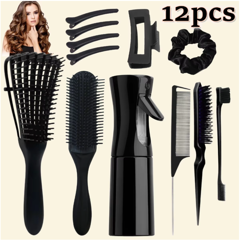 12-delige Haarverzorgingsset – Ontklitborstels, Sprayfles 200 ml, Kam en Hoofdhuid Massageborstel