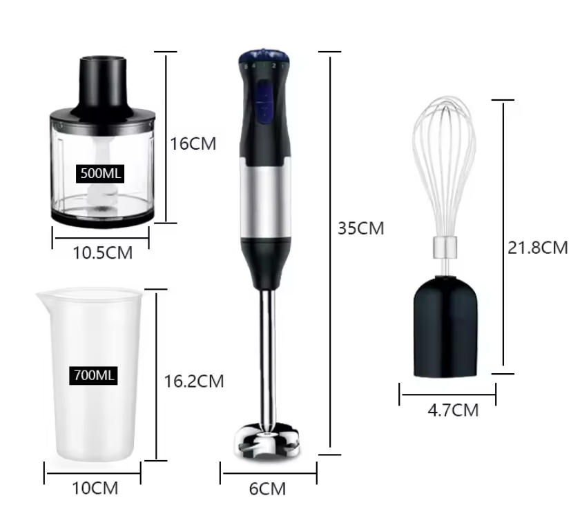 Staafmixer 4-in-1 1000W – RVS Handblender met Kom, Hakmolen en Garde