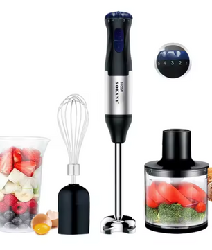 Staafmixer 4-in-1 1000W – RVS Handblender met Kom, Hakmolen en Garde