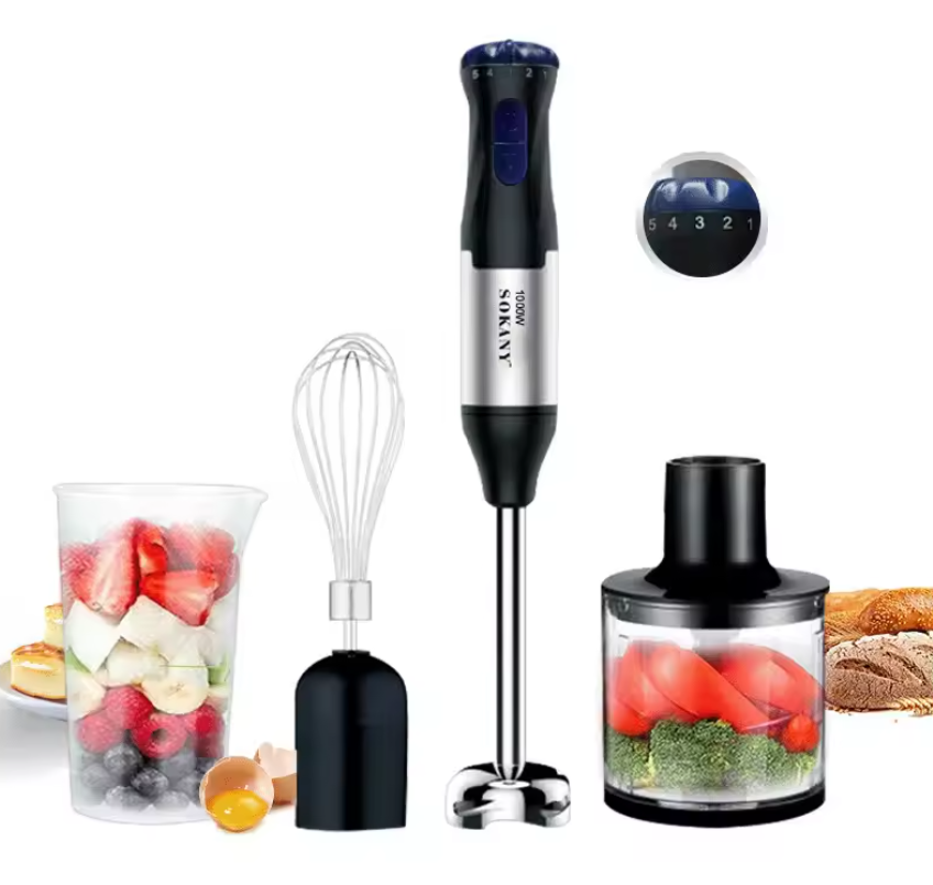 Staafmixer 4-in-1 1000W – RVS Handblender met Kom, Hakmolen en Garde