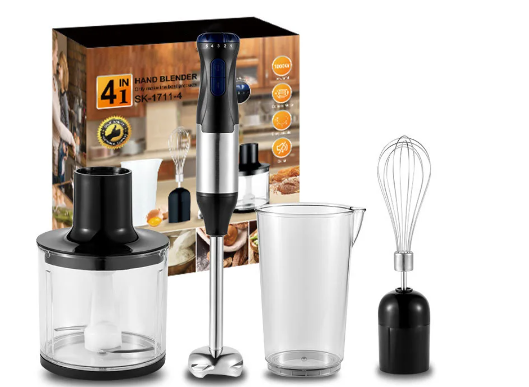 Staafmixer 4-in-1 1000W – RVS Handblender met Kom, Hakmolen en Garde