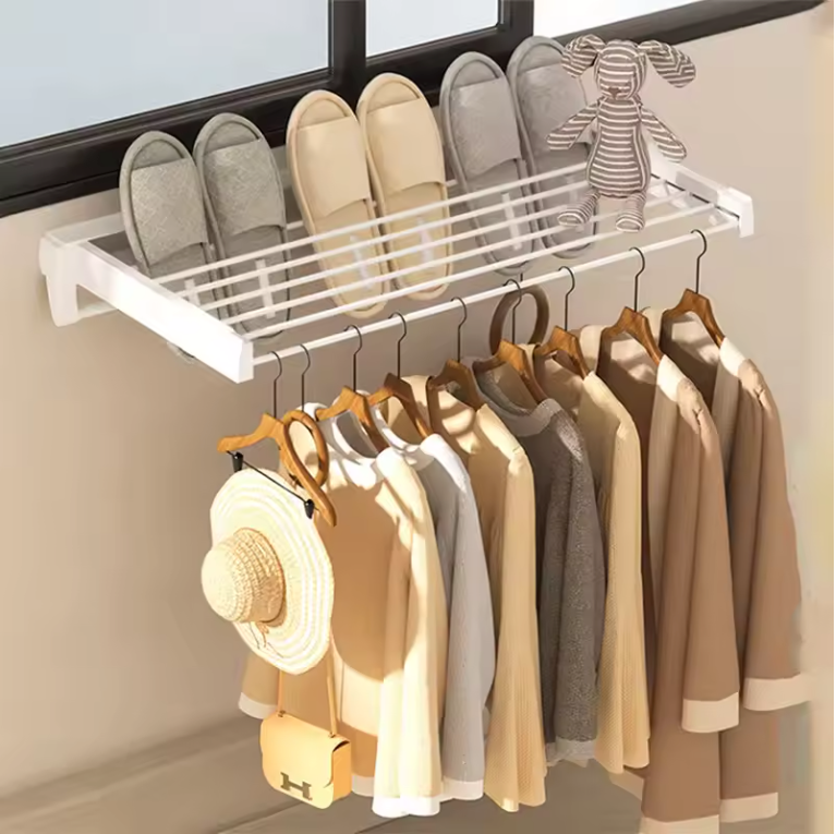 Wand Droogrek Opvouwbaar – 7 Stangen met Haken en Handdoekrek