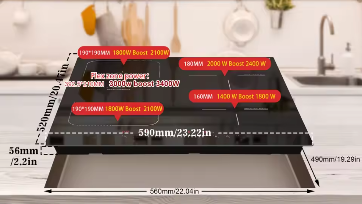 Inductiekookplaat 4 Zones – Flexzone met Slider en Boost 7200W