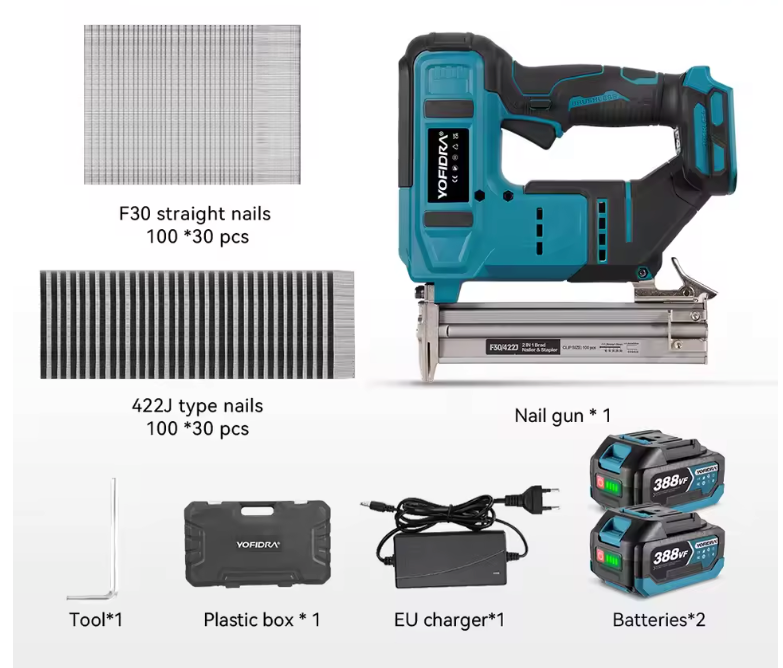 2-in-1 Elektrische Tacker en Spijkerpistool – Brushless Nailer/Stapler met Accu Aansluiting