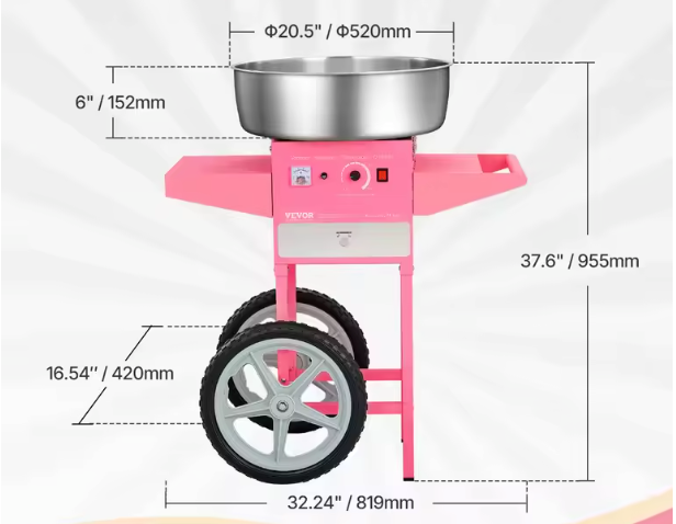 Suikerspin Machine 1000W met Kar – Professionele Cotton Candy Maker met RVS Kom
