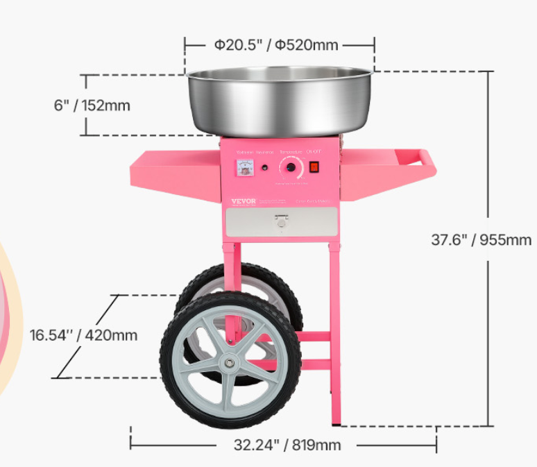Suikerspin Machine 1000W met Kar – Professionele Cotton Candy Maker met RVS Kom