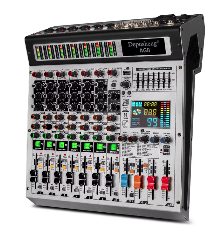 8 Kanaals Audio Mixer – DJ Mengpaneel met Bluetooth, USB en 48V Phantom Power