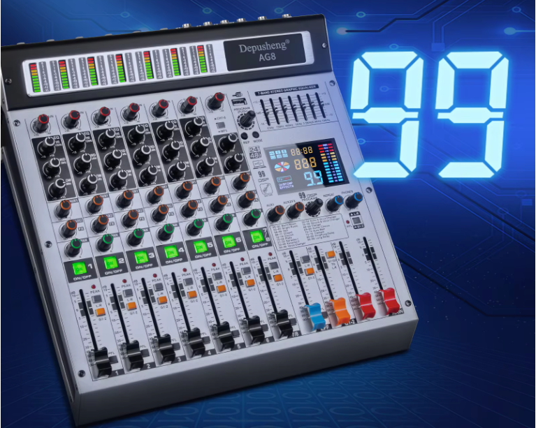 8 Kanaals Audio Mixer – DJ Mengpaneel met Bluetooth, USB en 48V Phantom Power