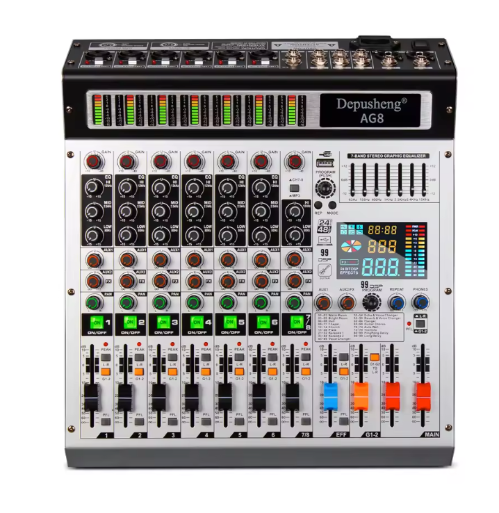 8 Kanaals Audio Mixer – DJ Mengpaneel met Bluetooth, USB en 48V Phantom Power