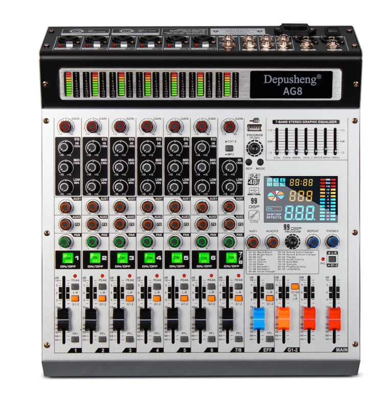 8 Kanaals Audio Mixer – DJ Mengpaneel met Bluetooth, USB en 48V Phantom Power
