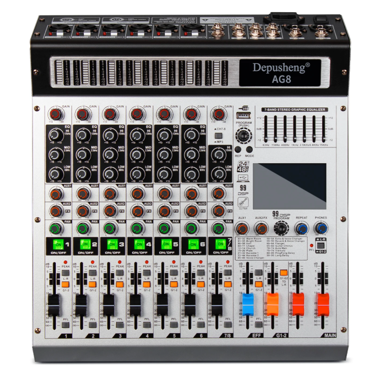 8 Kanaals Audio Mixer – DJ Mengpaneel met Bluetooth, USB en 48V Phantom Power