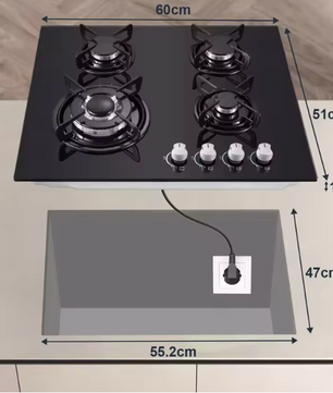 Gaskookplaat 60cm 4-Pits – Glazen Inbouw Kookplaat LPG/Aardgas