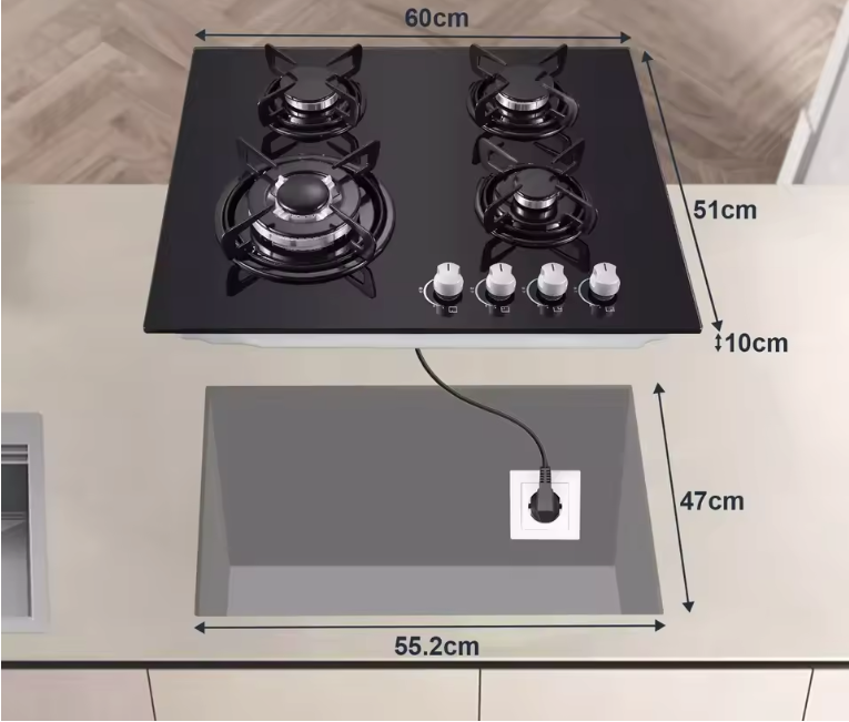 Gaskookplaat 60cm 4-Pits – Glazen Inbouw Kookplaat LPG/Aardgas