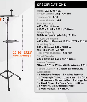 Verstelbare Projector Standaard met Statief – Inclusief Tray en Telefoonhouder voor Thuis en Outdoor Gebruik