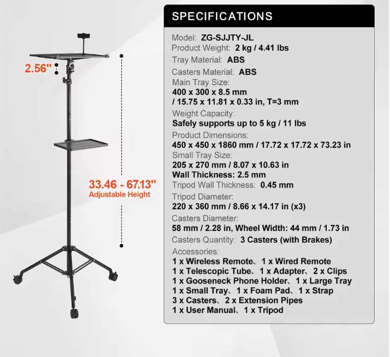 Verstelbare Projector Standaard met Statief – Inclusief Tray en Telefoonhouder voor Thuis en Outdoor Gebruik