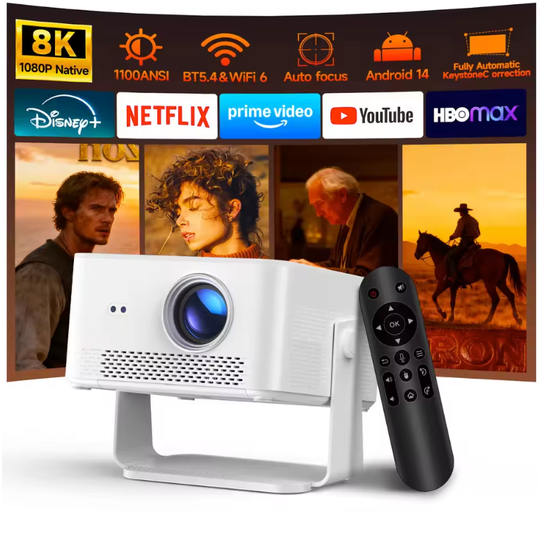 Draagbare 1080P Projector – 1100 ANSI, Auto Focus, Wifi 6 en Bluetooth 5.4, Android 14